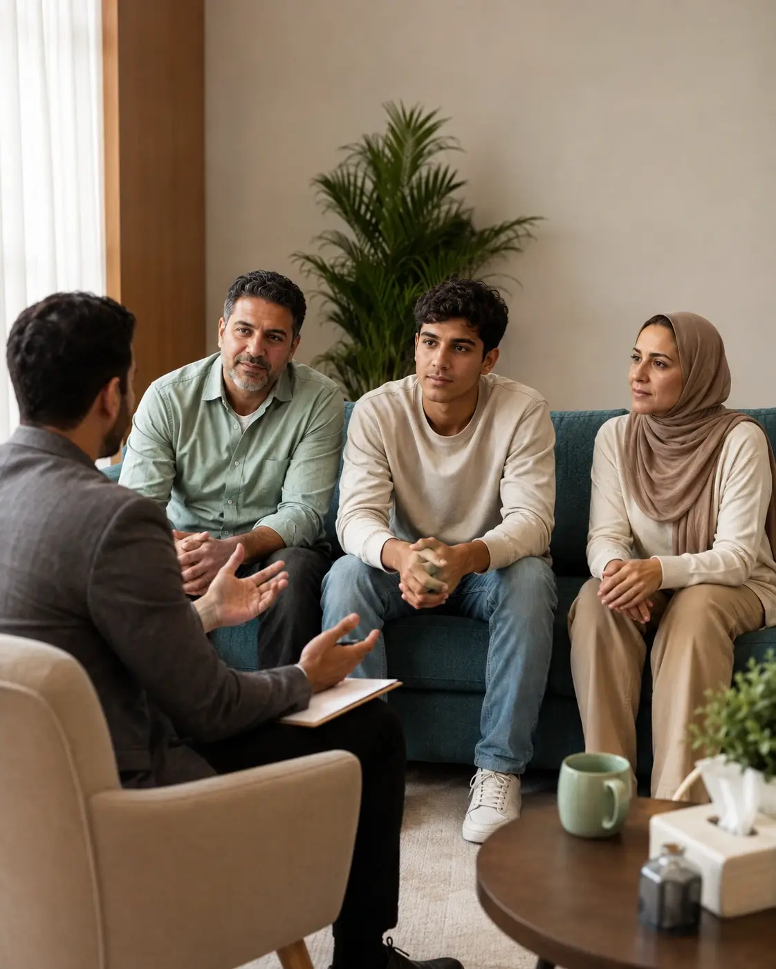 أسرة مصرية تتحدث مع استشاري علاقات أسرية خلال جلسة علاج أسري