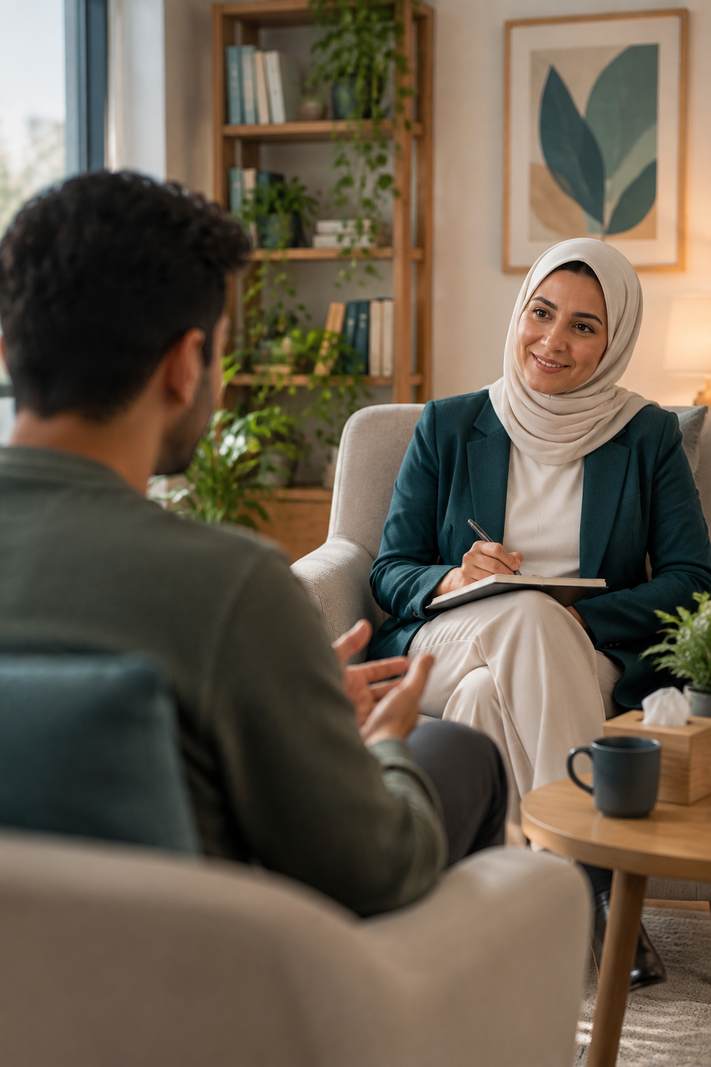 شخص في أول جلسة علاج نفسي مع مختص بالصحة النفسية