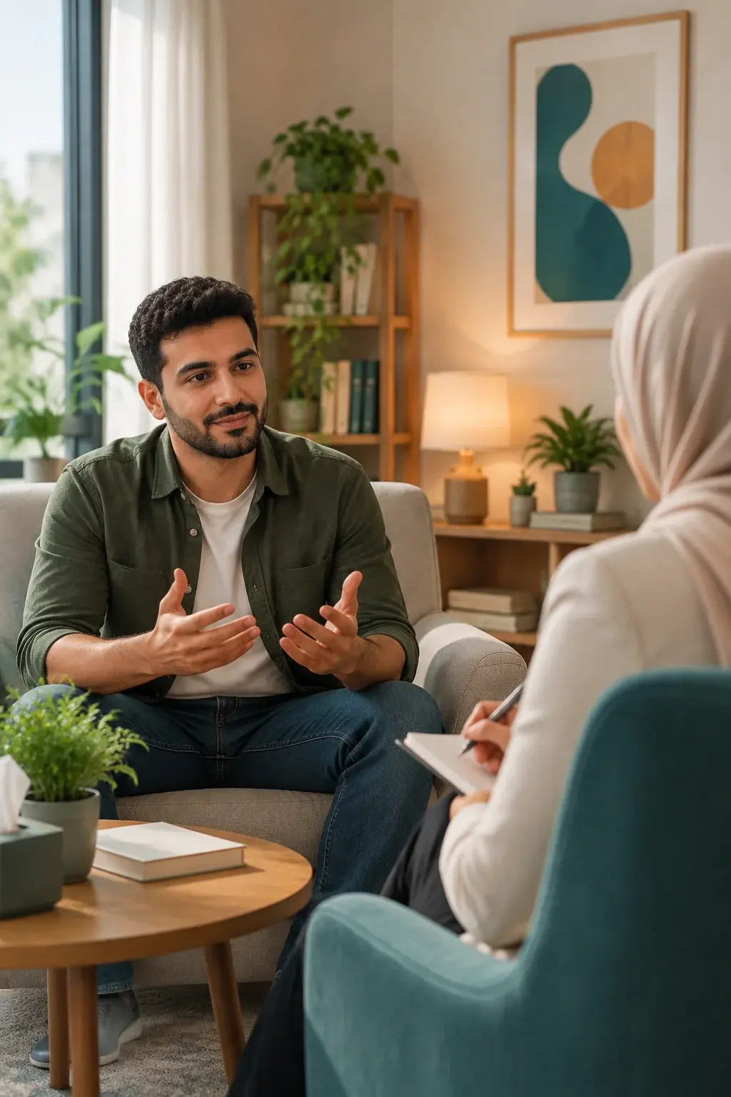 شخص يتحدث مع معالج نفسي حول فوائد العلاج النفسي والتحسن