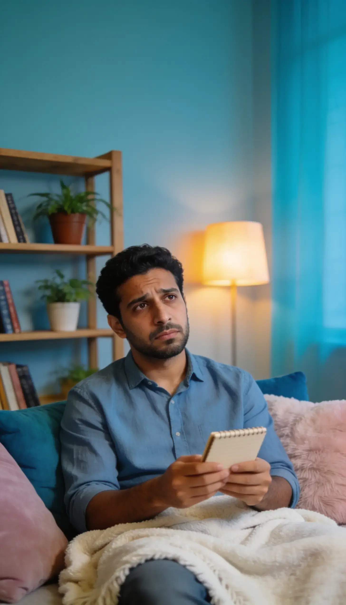 شخص يجلس بهدوء ويحاول تهدئة أفكاره وسط شعور بالخوف والقلق مع إضاءة مريحة وألوان هادئة